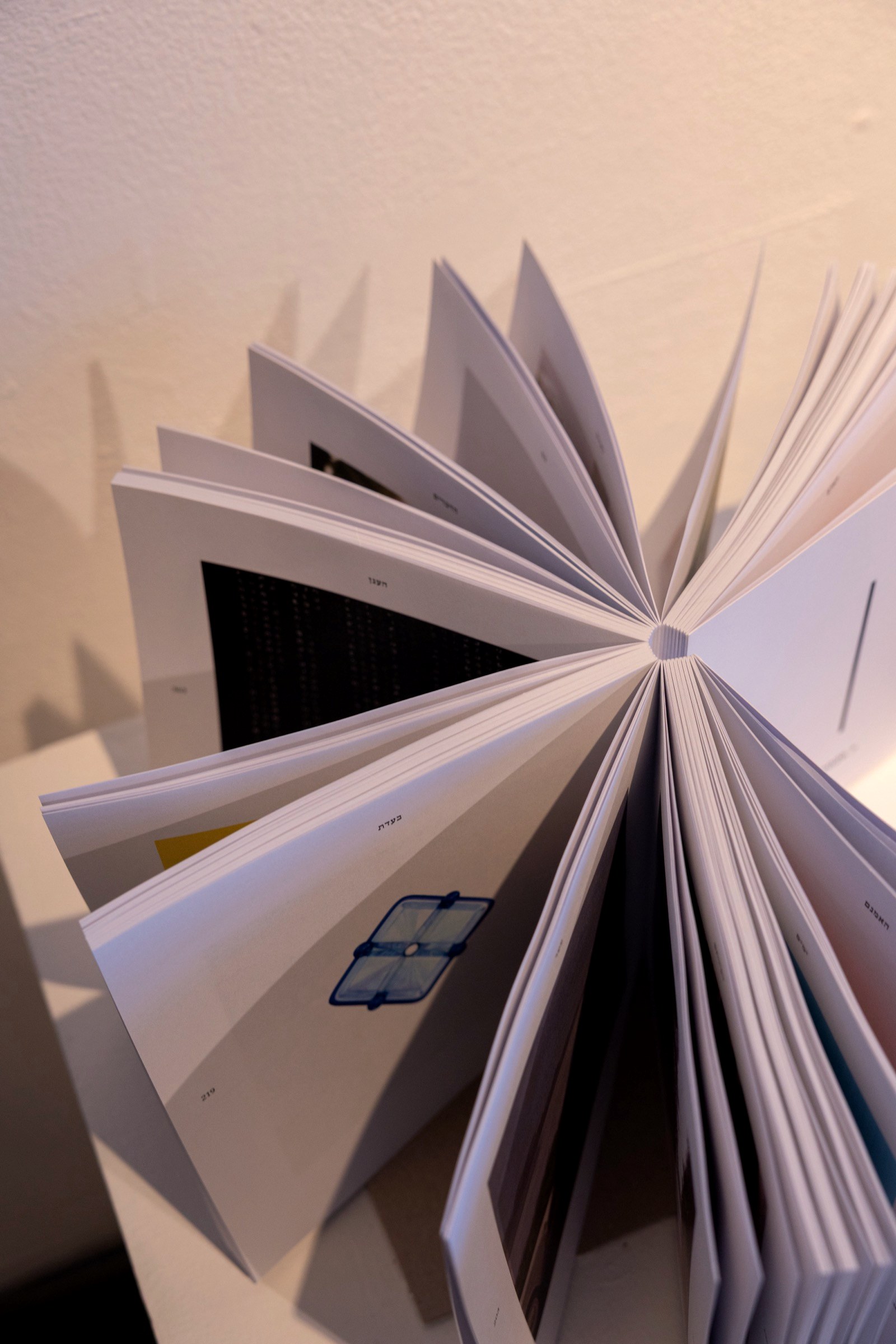 The book fanned open, the exposed spine showing every signature.