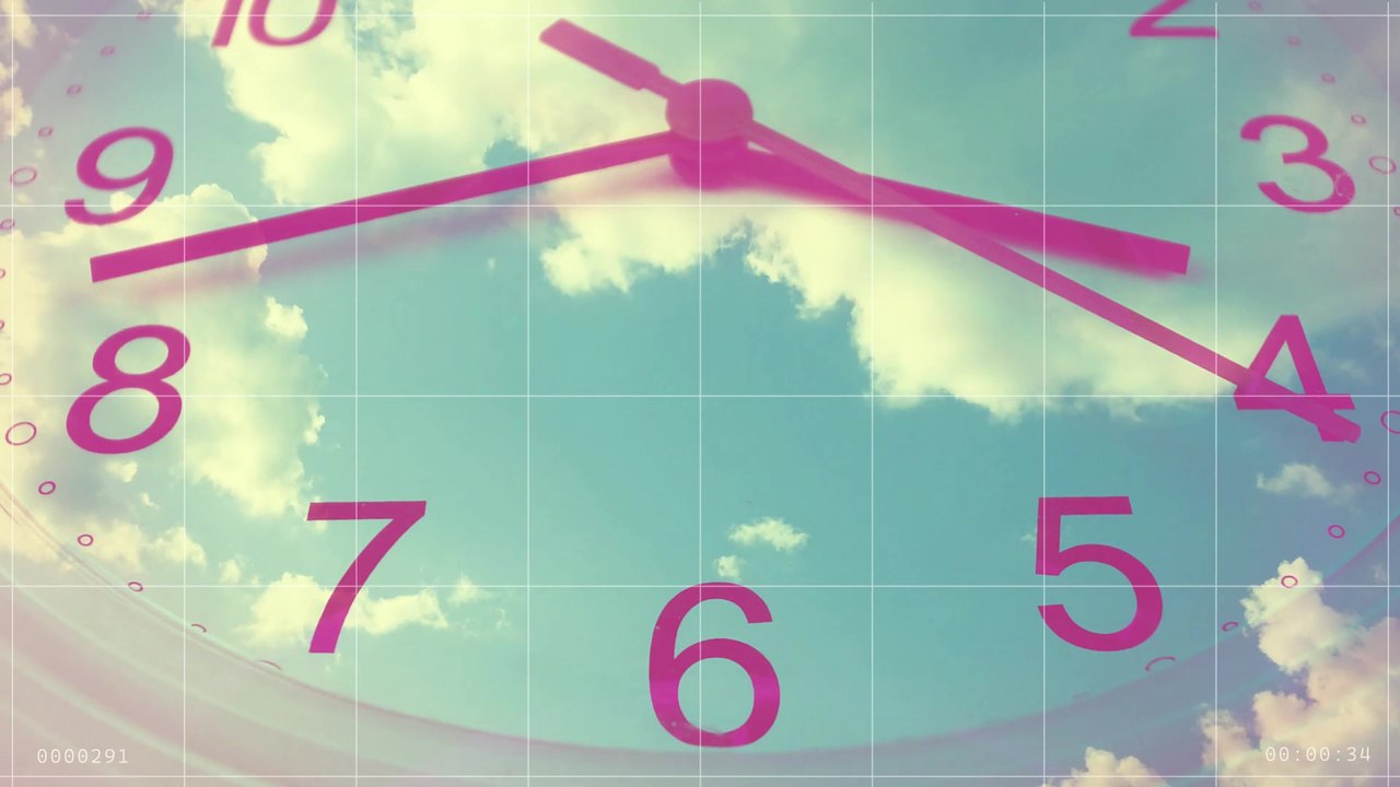 DONTDIE: a clock face in pink over clouds.