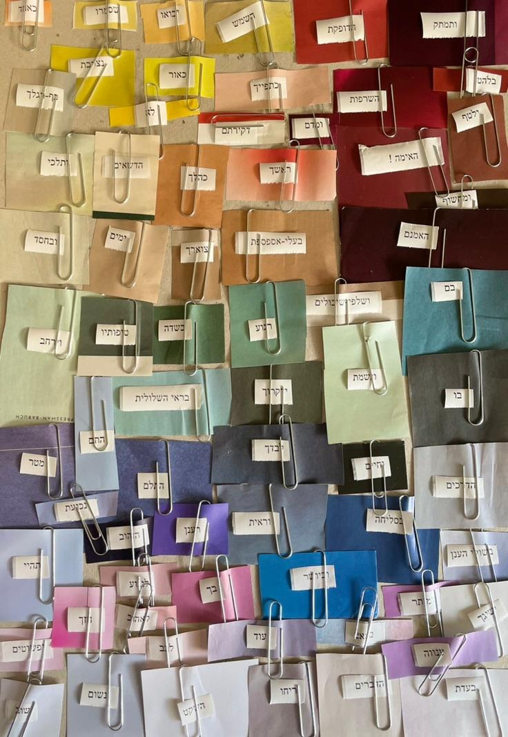 Torn paper swatches, one per word, held with paperclips.